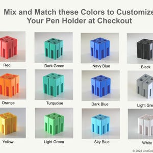 May include: A variety of colorful pen holders are displayed, showcasing options in red, dark green, navy blue, black, orange, turquoise, dark blue, light grey, yellow, light green, sky blue, and white. The text encourages color customization.