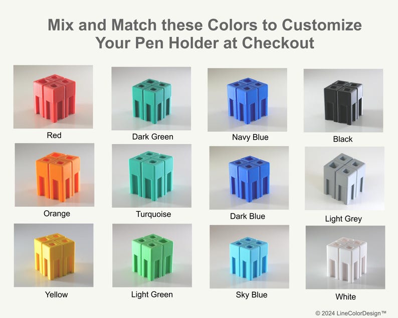 May include: A variety of colorful pen holders are displayed, showcasing options in red, dark green, navy blue, black, orange, turquoise, dark blue, light grey, yellow, light green, sky blue, and white. The text encourages color customization.