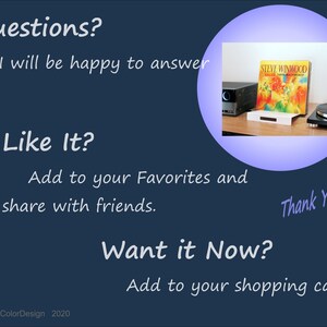 May include: A dark blue graphic with text that says "Questions? I will be happy to answer", "Like It? Add to your Favorites and share with friends", and "Want it Now? Add to your shopping cart." A record album is displayed.