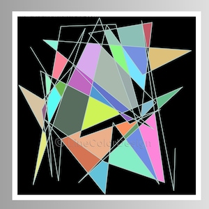 May include: Abstract geometric art print. A black background is filled with overlapping shapes in pink, blue, green, and yellow. White lines intersect the shapes. The text "LineColorDesign" is visible.