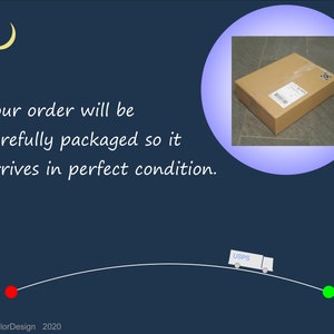 May include: A graphic with a dark blue background, a crescent moon, and text that reads "Your order will be carefully packaged so it arrives in perfect condition." A USPS truck travels along a curved white line.