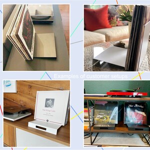 Four examples of how buyers are using my modern minimalist record stand to store vinyl records next to their turntable.  Beautiful pictures from my customers using the metal record stand that has either a black or white powder coat finish.