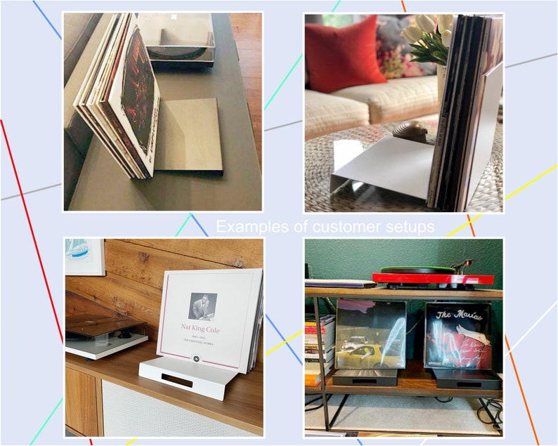 Four examples of how buyers are using my modern minimalist record stand to store vinyl records next to their turntable.  Beautiful pictures from my customers using the metal record stand that has either a black or white powder coat finish.