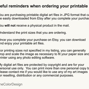 May include: A cream-colored graphic with black text providing useful reminders for ordering printable art. The text includes information about digital files, Etsy downloads, print sizes, and copyright. The seller's name, LineColorDesign, is at the bottom.