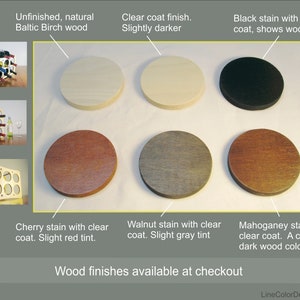 May include: Image showcasing various wood finishes for wine racks. Options include unfinished Baltic Birch, clear coat, black stain, cherry stain, walnut stain, and mahogany stain. The image also shows examples of wine racks.