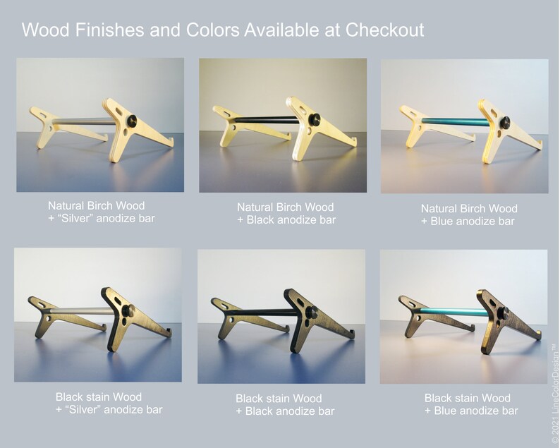 May include: Image showcasing various wooden laptop stands with different finishes and bar colors. Options include natural birch wood and black stain wood, paired with silver, black, or blue anodized bars. Text reads "Wood Finishes and Colors Available at Checkout."