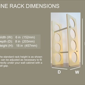 May include: A wooden wine rack with six circular openings for bottles. The rack is light-colored with metal supports and has dimensions of 6 inches wide, 8 inches deep, and 18 inches high. The text "WINE RACK DIMENSIONS" is at the top.