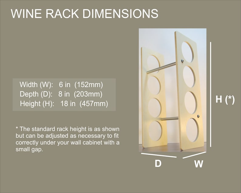May include: A wooden wine rack with six circular openings for bottles. The rack is light-colored with metal supports and has dimensions of 6 inches wide, 8 inches deep, and 18 inches high. The text "WINE RACK DIMENSIONS" is at the top.