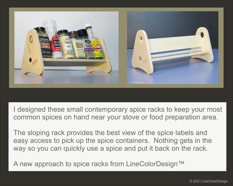 May include: A light-colored wooden spice rack with a sloping design, holding various spice jars. The rack has a minimalist aesthetic and is designed to keep spices organized and accessible. The text on the image says "A new approach to spice racks from LineColorDesign&trade;".