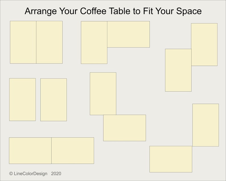 May include: A diagram with various arrangements of rectangular shapes in a light yellow color, representing coffee tables. The text at the top reads "Arrange Your Coffee Table to Fit Your Space". The bottom of the image includes the text "&copy; LineColorDesign 2020".