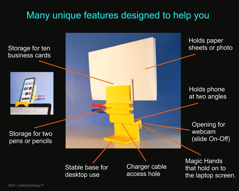 May include: A yellow desktop organizer with multiple features. It holds paper, a phone at two angles, pens, business cards, and has a webcam opening. It also has a charger cable access hole and magic hands to hold onto the laptop screen.
