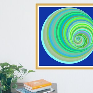 May include: A framed abstract art print featuring a spiral design. The artwork showcases concentric circles in shades of green, blue, and yellow against a deep blue background. The frame is gold-colored, adding a touch of elegance to the piece.