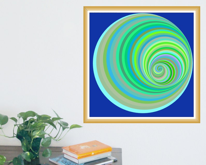 May include: A framed abstract art print featuring a spiral design. The artwork showcases concentric circles in shades of green, blue, and yellow against a deep blue background. The frame is gold-colored, adding a touch of elegance to the piece.