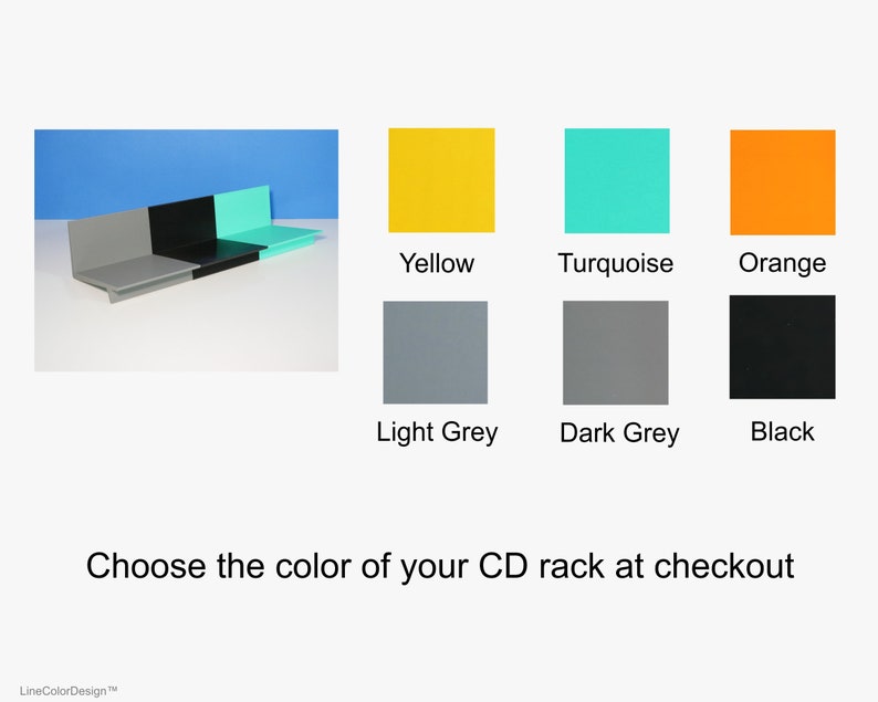 May include: A CD rack in various colors: yellow, turquoise, orange, light grey, dark grey, and black. The image also shows a CD rack in light grey, black, and turquoise. Text reads: "Choose the color of your CD rack at checkout."
