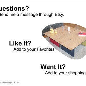 May include: A modern wooden coffee table with a light wood top and colorful accents. The table has red, yellow, and blue sides. The text on the image says "Questions?", "Like It?", and "Want It?"