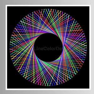 May include: Abstract art print with a circular design composed of intersecting lines in multiple colours, such as red, green, blue, and purple, set against a black backdrop. The artwork has a central circular void. The text "LineColorDesign" is visible.