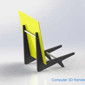 May include: A modern chair design with a bright yellow back and black frame. The chair features a minimalist aesthetic with a horizontal support bar and angled legs. The text "Computer 3D Rendering" is visible at the bottom.