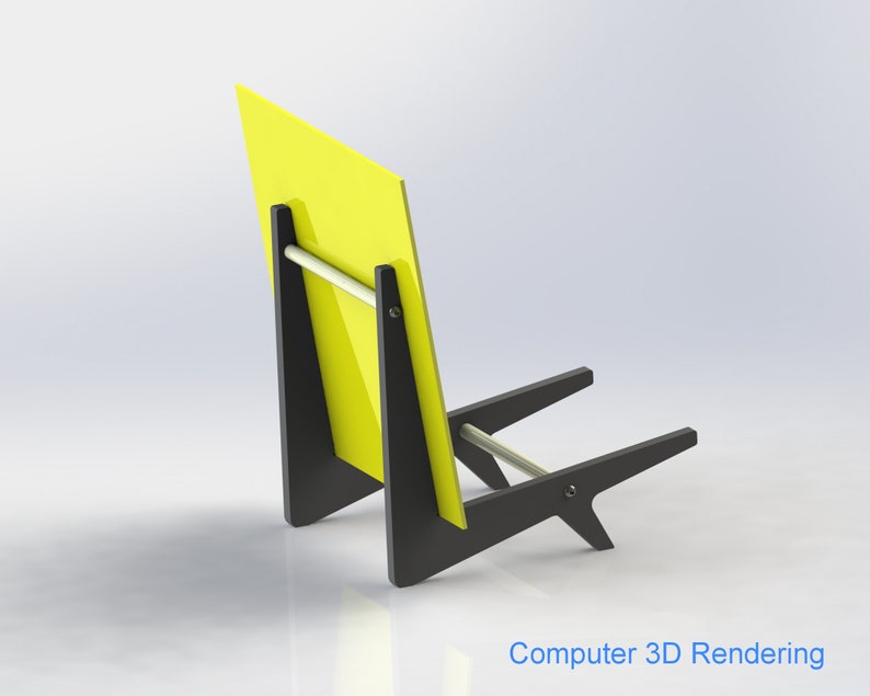 May include: A modern chair design with a bright yellow back and black frame. The chair features a minimalist aesthetic with a horizontal support bar and angled legs. The text "Computer 3D Rendering" is visible at the bottom.