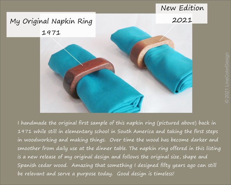 May include: Two wooden napkin rings, one from 1971 and a new edition from 2021, each encircling a teal napkin. The rings are made of dark wood. The text on the image reads "My Original Napkin Ring 1971" and "New Edition 2021".