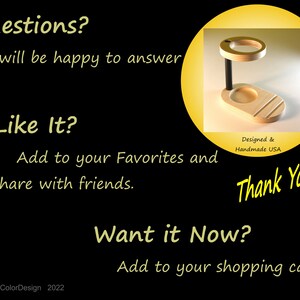 May include: A wooden stand with a circular top and base, connected by a black support. The text "Questions?" and "Like It?" are displayed, along with "Thank You!" and "Want it Now?" on a black background. The design is handmade in the USA.