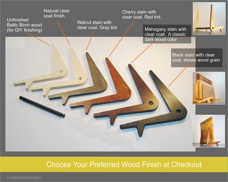 May include: A selection of wooden display stands in various finishes, including unfinished Baltic Birch, natural clear coat, walnut stain, cherry stain, mahogany stain, and black stain. The image includes the text "Choose Your Preferred Wood Finish at Checkout."
