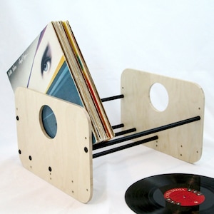Tabletop Record Storage Rack Handmade in USA | Vinyl LP Crate Holder Fits 50-100 Albums | Modern and Functional Wood and Aluminum  #VCX-bbbk