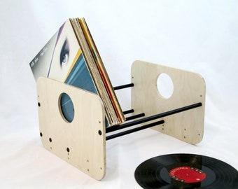 Tabletop Record Storage Rack Handmade in USA | Vinyl LP Crate Holder Fits 50-100 Albums | Modern and Functional Wood and Aluminum  #VCX-bbbk