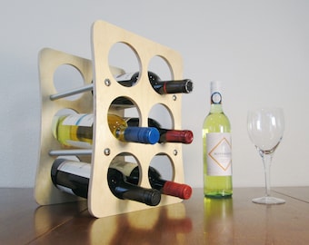 Six Bottle Wine Rack. Contemporary Wood Wine Holder For Bar, Tabletop, Pantry and Kitchen Countertop Storage.  Handmade Gift For Wine Lover