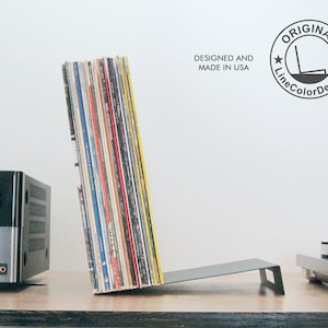 Record Storage Stand for 50 Vinyl Albums | Minimalist LP Flip Rack | Modern Leaning Shelf from its Original Designer | Black & White Color