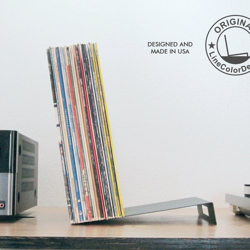 Record Storage Stand for 50 Vinyl Albums | Minimalist LP Flip Rack | Modern Leaning Shelf from its Original Designer | Black & White Color