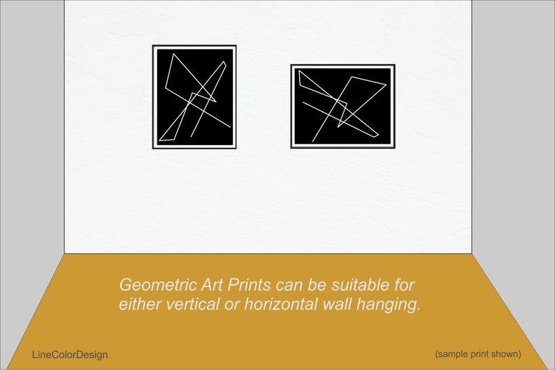 May include: Two framed geometric art prints with black backgrounds and white line designs hang on a white wall. The prints are displayed in a room with a gold-colored floor. Text on the floor reads: Geometric Art Prints can be suitable for either vertical or horizontal wall hanging.