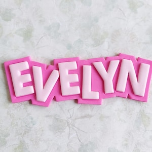 May include: A pink nameplate with the name "EVELYN" in light pink, block letters. The letters are outlined in white and set against a pink background. The nameplate is on a light-colored, textured surface.