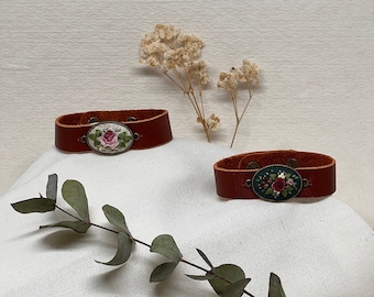 Hand Embroidered Floral Leather Bracelet, A Great Gift for Her