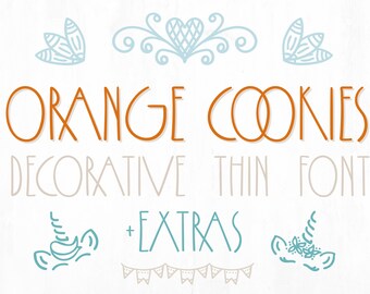 Thin font - Orange Cookies. Handwritten font with extras, Thin font, Farmhouse font, Doodle font, Kitchen font, Instant download font