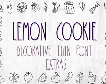 Thin font - Lemon Cookies. Handwritten font with extras, Farmhouse font, Doodle font, Kitchen font, Instant download font
