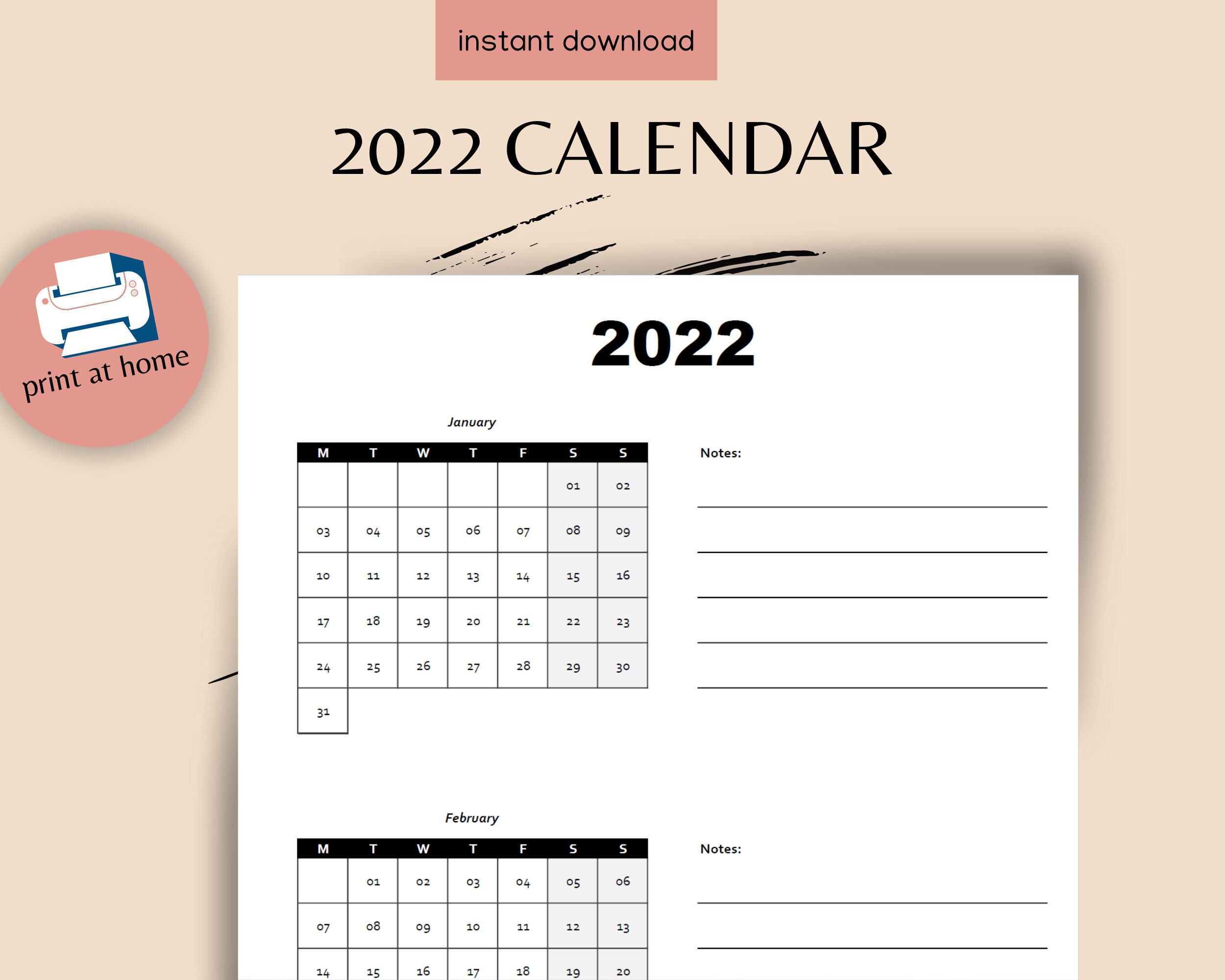 printable 2022 quarterly calendar simple minimalist design etsy