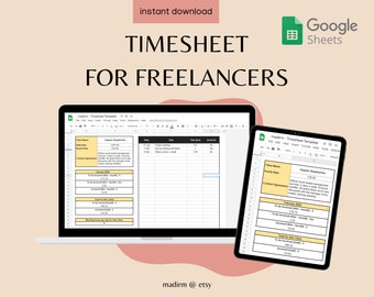 Plantilla de hoja de horas para autónomos / Hojas de cálculo digitales de Google / Seguimiento del tiempo para autónomos y pequeños empresarios / Desde el tiempo hasta la factura del cliente