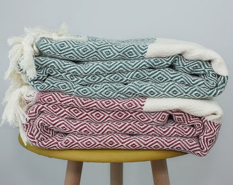 Turkish Towel Blanket, Throw Blanket, Sofa Scarf, Throw Blanket Couch, Sofa Throw Cover, XL Diamond Peshtemal, Cotton Peshtemal Blanket