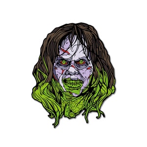 May include: A green and purple illustration of a scary-looking girl with long brown hair. Her eyes are wide and green, and her mouth is open in a scream. She has a green and white collar around her neck.
