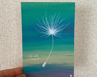 Tanpopo the wish granting dandelion, adorable greeting card, digital art print, single sided postcard.