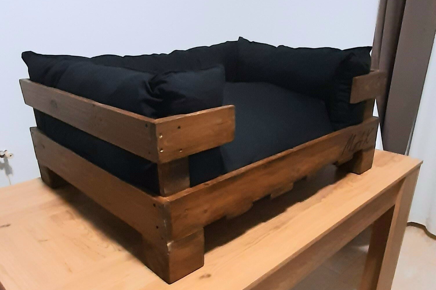 Homemade wooden top dog bed