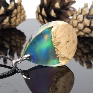 Northern lights, Aurora, Rainbow Opal, Wood Resin Necklace, Lab Opal, Christmas Day Gift, October Birthstone Gift, Mountain Necklace