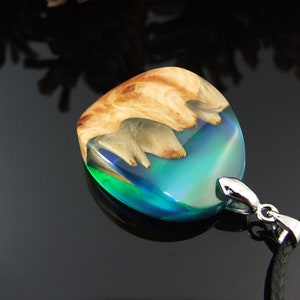 Northern lights, Aurora, Rainbow Opal, Wood Resin Necklace, Lab Opal, Christmas Day Gift, October Birthstone Gift, Mountain Necklace