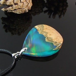Northern lights necklace,Wood Pendant,Lab opal,Aurora borealis jewelry,anniversary gift,Wood Resin Jewelry,Unique gift,opal pendant