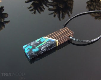 Pendentif en résine bois, opale de laboratoire irisée, cadeau d’anniversaire, cadeau de Noël, bijoux en résine de bois, pendentif opale fait à la main