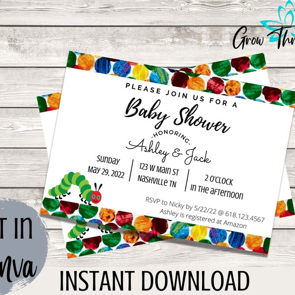 Printable Baby Shower Invitation- The Very Hungry Caterpillar Themed Baby Shower - Editable Canva Link - Baby Shower Template