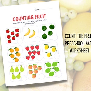 Preschool Counting Printable- Math Worksheets- Printable Kindergarten Activities - Counting Fruit Worksheets