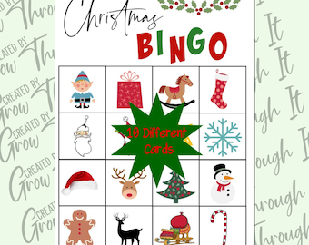 May include: A Christmas Bingo game card with 10 different images, including a Christmas tree, a snowman, a stocking, a gingerbread man, a reindeer, a rocking horse, a Santa hat, an elf, a snowflake, and a candy cane. The card is white with red and green accents. The text "Christmas Bingo" is at the top of the card, and the text "10 Different Cards" is in a green star shape in the center of the card.