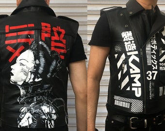 CUSTOM Hand-painted cyber-punk KAMP cybergirl leather vest (or jacket) (without spikes or studs) Any size, any style, any way you want!