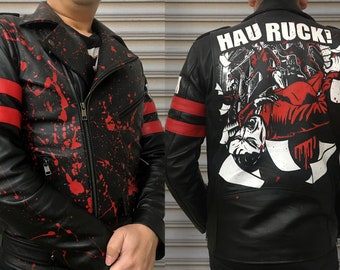 CUSTOM Hand-painted bloody KMDFM Hau Rack leather jacket. Any size, any style, any way you want